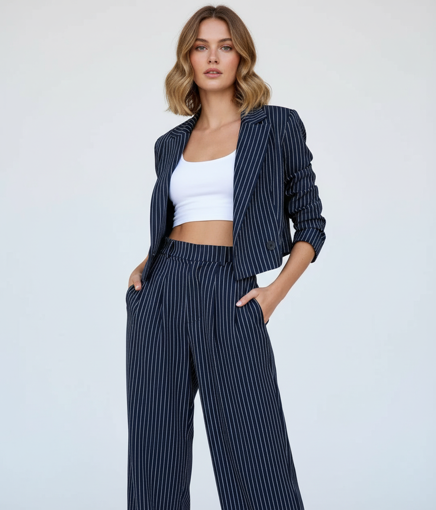 Woman wearing a navy pinstripe suit with a white top on a light gray background