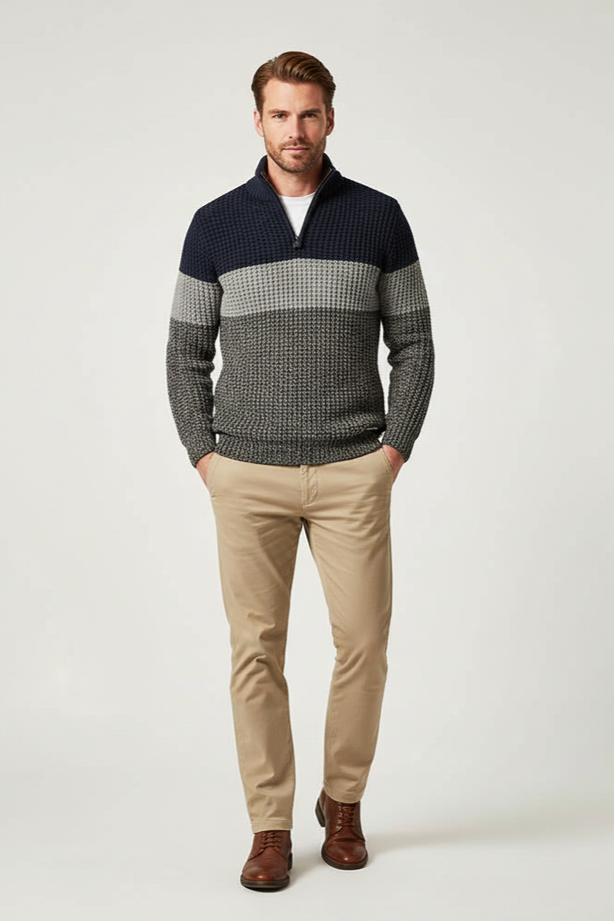 Man wearing a patterned sweater and beige pants on a white background